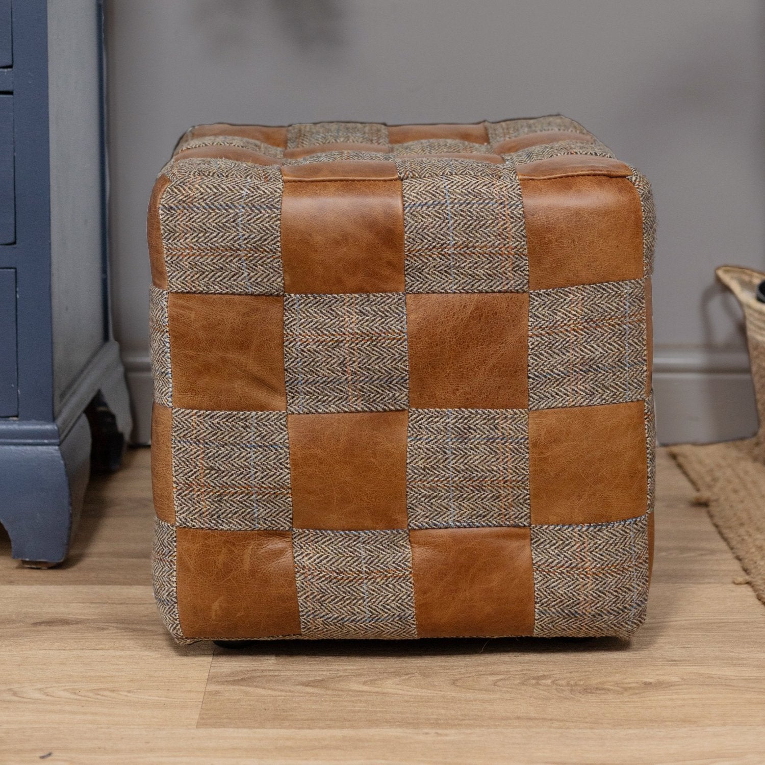 Brown Cerato Leather and Gamekeeper Thorn Harris Tweed Patchwork Cube Footstool